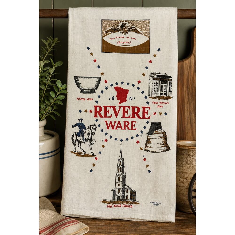 Vintage Revere Ware Boston Tea Towel Paul Revere Americana Linen 26 x 16